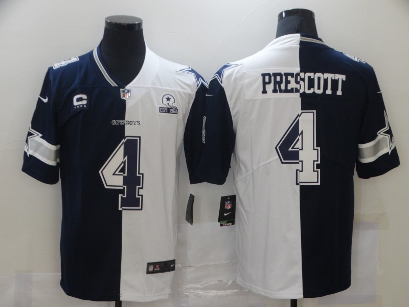 2021 Men Dallas cowboys 4 Prescott Blue white Half version Nike NFL Jerseys